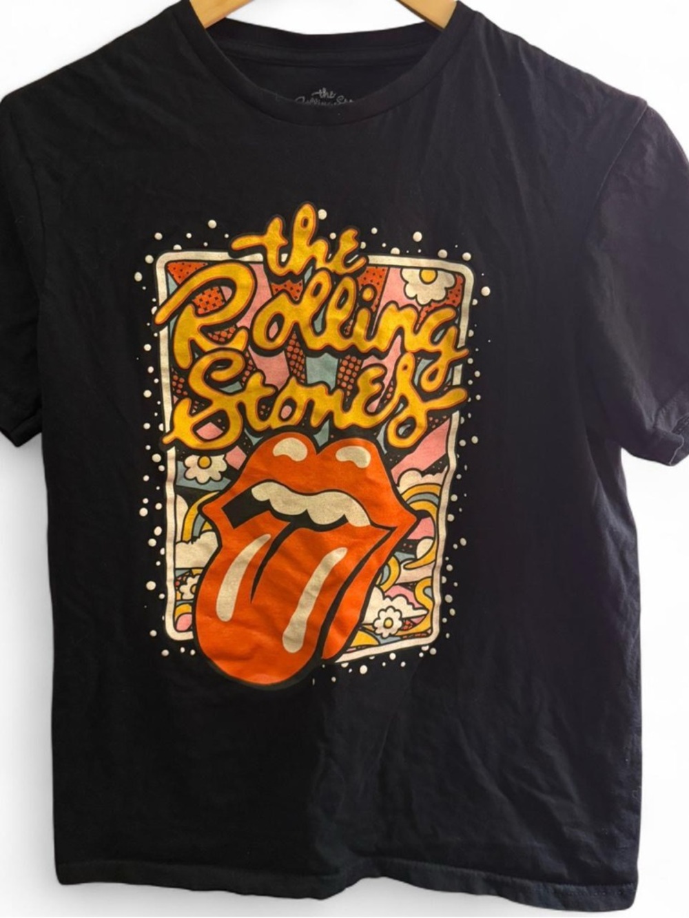 the Rolling Stones Black Tee with Tongue and Yellow Script
